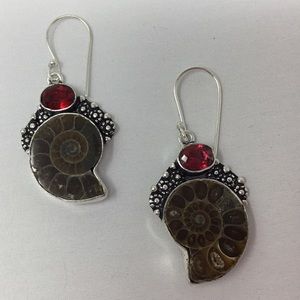💎 925 Sterling Silver Ammonite & Ruby Red Stone Drop Earrings